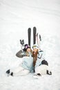 Girls posing against backdrop of mountains in ski gear. Royalty Free Stock Photo