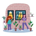Girls with potted plants, quarantine stay at home