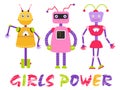 Girls power. Cute robot kids, vector illustration
