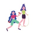 Girls practicing fitness with ball jump rope and dumbbells, exercises at home