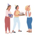 Girls presenting birthday surprise for friend semi flat color vector characters