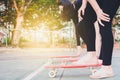 girls are ready to getting start to skateboard Royalty Free Stock Photo