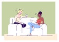 Girls relax with gadgets flat vector illustrations. Female friends, roommates discussing social media posts updates