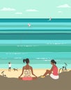 Girls relaxing on sea beach vector flat color concept Royalty Free Stock Photo