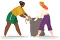 Girls remove paper waste vector illustration. Female characters throwing trash to rubbish bag