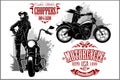 Girls ride a motorbike. Biker party poster design. Vector illustration