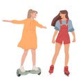 Girls ride on self-balancing scooter, roller skates.