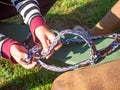 Girls from riding club set horse halter together