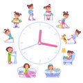 Girls daily routine. Dial clock with different activities scenes. Little child sleeping and eating breakfast. Hygiene