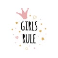 Girls Rule text hand drawn nursery poster pink crown gold stars. Vector illustration.