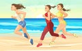 The girls are running along the beach. Sports running. Fitness and healthy lifestyle. Flat cartoon style. Women runners