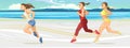 The girls are running along the beach. Sports running. Fitness and healthy lifestyle. Flat cartoon style. Women runners