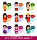 Girls saying hello in foreign languages. Royalty Free Stock Photo