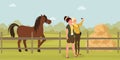 Girls selfie on farm flat illustration. Young women photographing horse cartoon characters. Female tourists visiting Royalty Free Stock Photo