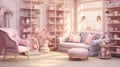 Girls\' shop with soft pastel decor, a cozy reading corner, and shelves Royalty Free Stock Photo