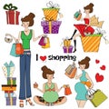 Girls at shopping items set Royalty Free Stock Photo