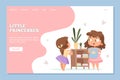 Girls shopping. Online clothes store for little princesses web banner. Cute cartoon sisters with t-shirt vector landing