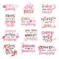 Girls sign vector girlie lettering and beautiful female text or girlish fashion template print illustration set of