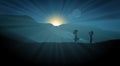 Girls silhouette shooting a photo at sunset on a field