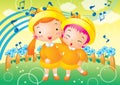 girls singing a song. Vector illustration decorative design