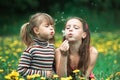 Girls sisters blowing dandelion seeds away in the meadow. Royalty Free Stock Photo