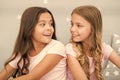Girls sisters spend pleasant time communicate in bedroom. Awesome perks of having sister. Sisters older or younger major Royalty Free Stock Photo