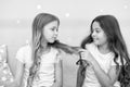 Girls sisters spend pleasant time communicate in bedroom. Benefits having sister. Awesome perks of having sister Royalty Free Stock Photo