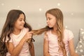 Girls sisters spend pleasant time communicate in bedroom. Benefits having sister. Awesome perks of having sister Royalty Free Stock Photo