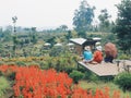 Girls sitting and enjoying flowers at Dusun Bambu Ecopark, Bandung, Indonesia on April 11, 2015