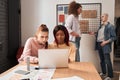 Girls sitting at laptop and browsing at internet information about medicine Royalty Free Stock Photo