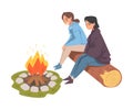 Girls Sitting Near Campfire, Tourist People Hiking, Camping and Relaxing at Summer Vacation Cartoon Style Vector