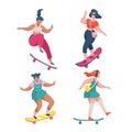 Girls skateboarders. Young women riding skateboards. Cartoon female characters skateboarding outdoor. People jumping and Royalty Free Stock Photo