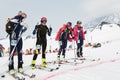 Girls ski mountaineers at the starting line. Team Race ski mountaineering. Russian, Kamchatka