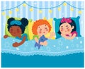 Girls sleeping in bed after a pajama party. Children of different nationalities. Can be used for invitations, flyers and banners.