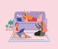 Girls with smartphone and laptops at home vector design