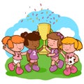 Girls soccer players holding a golden championship trophy. Vector illustration