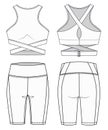 Girls Sports Bra and Cycling shorts fashion flat sketch template. Women Active wear Crop top and Leggings technical fashion