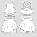 Girls Sports Bra and Shorts-Skirt fashion flat sketch template. Women Active wear Technical Fashion Illustration. Fashion concept