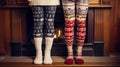 Girls standing in front of fireplace in winter sweaters wearing. Feet in wool socks near fireplace Royalty Free Stock Photo