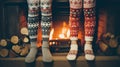 Girls standing in front of fireplace in winter sweaters wearing. Feet in wool socks near fireplace Royalty Free Stock Photo