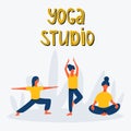 Girls stretching and doing yoga vector flat illustration with hand drawn lettering. Yoga studio, active recreation, healthy Royalty Free Stock Photo