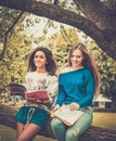 Girls students in a city park