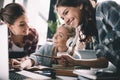 Girls students studying together with laptop and books Royalty Free Stock Photo