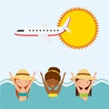 Girls sun airplane sea icon. Swimming and pool party design.