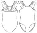 Girls One piece Swimsuit fashion flat sketch template. Swimwear Technical Fashion Illustration. Frill Detail Royalty Free Stock Photo