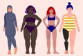 Girls In Swimsuites. Stretch Marks, Prosthetic, Tattoes, Burkini Vector Illustration In Flat Style