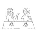 Girls are talking in cafe. Vector contour Royalty Free Stock Photo