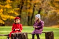 The girls are talking while resting in the autumn park Royalty Free Stock Photo