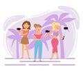 Girls talking selfie banner flat vector illustration. Summer beach vacation concept on seaside, tropical holiday. Tanned