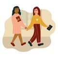 Girls talking to each other. Pupils communicating. Two girls holding hands. Flat vector illustration. Back to school concept Royalty Free Stock Photo